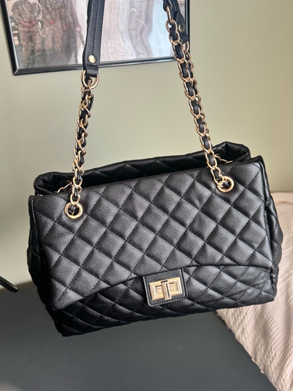 Ello Black diamond Quilted “Shirley”Shoulder Bag Vegan caviar texture Leather - Picture 5 of 16